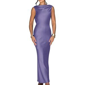 Women's Purple Elegant Sleeveless High Neck Tie Cocktail Wedding Party Maxi